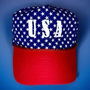 Nissan Brand Vintage 80s USA Flag Snapback Trucker Hat Red White Blue Stars